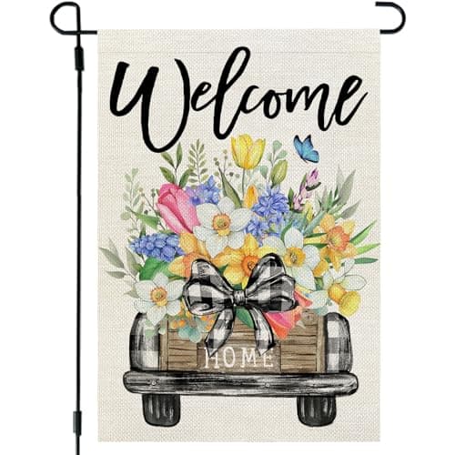 CROWNED BEAUTY Spring Garden Flag Truck Welcome 12x18 Inch Double Sided Small Seasonal Holiday Floral Farmhouse Decoration for Outdoor Lawn Yard