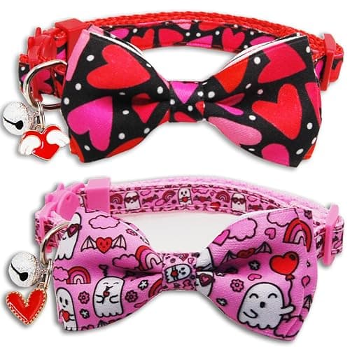 Valentine's Day Cat Collar with Bow Tie Bell & Charms BreakawayBack Heart and Pink Flowers for Male and Female Cats, Adjustable Holiday Kitten Collar for Boys & Girls