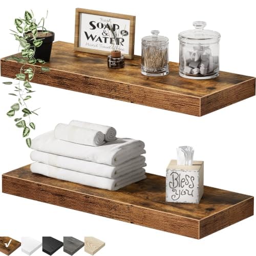 QEEIG Bathroom Floating Shelves for Wall - 15.7" Wall Mounted Shelf Over Toilet Farmhouse Home Decor Display Bookshelf Small 15.7 x 6.7 inch Set of 2, Rustic Brown (008-40BN)