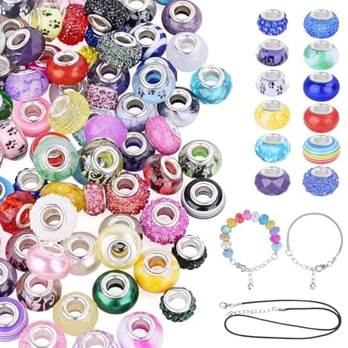 120pcs European Large Hole Beads, Assorted European Craft Bead Mixed Color Lampwork Murano Spacer Beads with 2pcs Bracelet and 2pcs Necklace for DIY Necklace Bracelet Jewelry Making