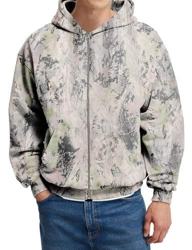 MSBESYOR Mens Camo Zip Up Hoodie Fleece Hunting Jacket Maple Leaf Print Oversized Long Sleeve Hooded Sweatshirt