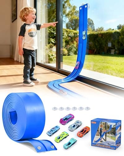 15 Ft Flexible Car Tracks for Kids Age 3 Up, Race Track with 6 Toy Cars, Flex Track Compatible Diecast 1/64 Cars with Suction Cups, Birthday for Boys (Blue)