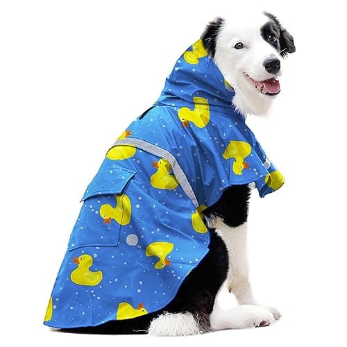 DELIFUR Large Dog Raincoat- Waterproof Dog Rain Poncho Adjustable Double Layer Rain Jacket with Hood for Medium Large Dogs Designed with Leash Hole Reflective Strip and Ducks (Blue Duck, X-Large)