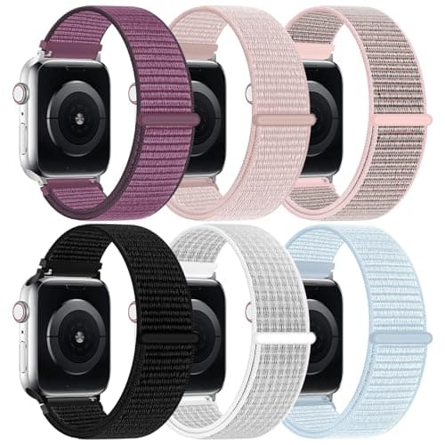 ONFNZ 6 Pack Nylon Sport Loop Band for Women & Men, Soft Adjustable Replacement Straps for iWatch Series 11 & 10, Plum/Rose Pink/Light Pink/Black/Shimmering White/Blue Cloud, 38/40/41/42 mm