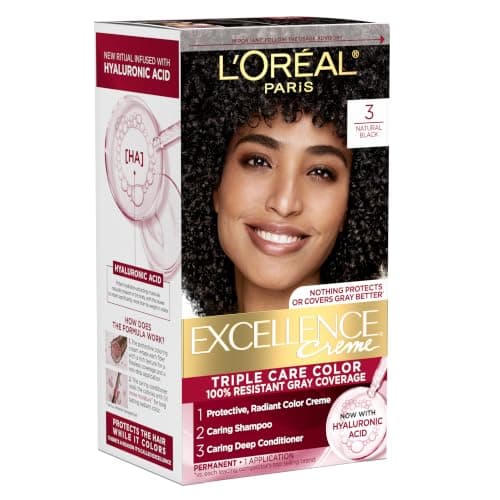 L'Oreal Paris Excellence Crème Permanent Hair Dye, Triple Care Hair Color with Hyaluronic Acid for 100% Gray Coverage, 3 Natural Black, 1 Kit (Packaging May Vary)