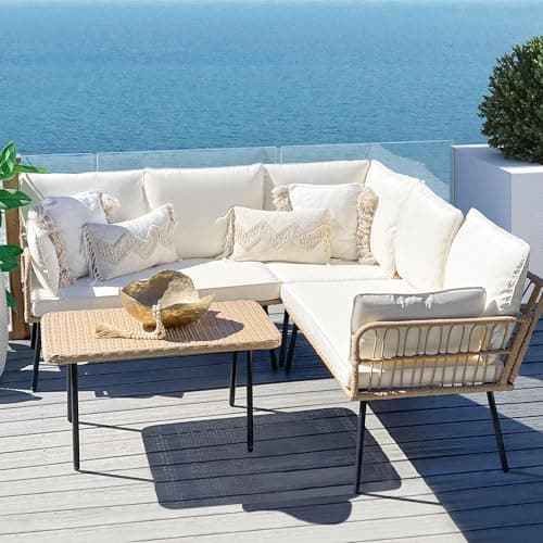 YITAHOME 4 Pieces Patio Furniture Set with 5 Seater Outdoor Sectional with Thickness Cushions and Side Table Boho Patio Conversation Set Outdoor Furniture Set for Backyard Porch Balcony
