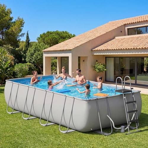 SunSwell 20' x 11' x 47" Rectangular Frame Pool Set with Removable Ladder and Sand Filter Pump, Large Swimming Pool for Backyard and Family, Gray