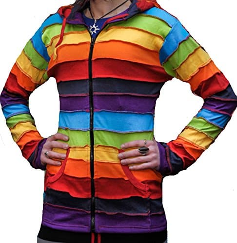 Shopaholic Fashion Women's Colourful Festival Jacket, Rainbow Stripe Pixie Rib Hoodie [M]