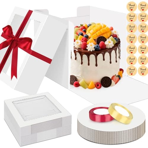 Sudaya 10x10x5 Cake Boxes with Window, Cake Boxes 10 inch Tall with Cakes Box Ribbon Stickers, 10in Disposable Carry Bakery Containers Cajas Para Pasteles for Pies Party Wedding Gift Giving