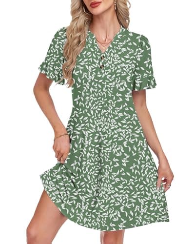 MOLERANI Spring Dresses Flowy Sundress for Women Ruffle Short Sleeve Summer Beach Dress with Pockets Loose Fitting Elegant Classy Resort Wear 2026​, Flyleaf Olive, 2XL