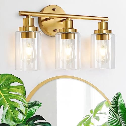 Apenath Brushed Brass Bathroom Wall Light Fixtures 3 Lights Vanity Wall Sconce with Clear Glass Shade Modern Farmhouse Wall Lamp for Bathroom Mirror Kitchen Living Room Workshop