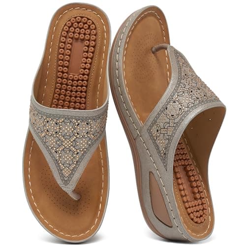 Ecetana Womens Dressy Wedge Sandals: Comfortable Summer Flip Flops Massaging Footbed Platform Thong Sandals for Casual Walking