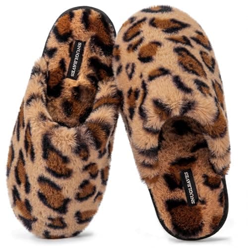 Snug Leaves Women's Scuff Slippers Fuzzy House Shoes Cheetah Brown,7-8 US