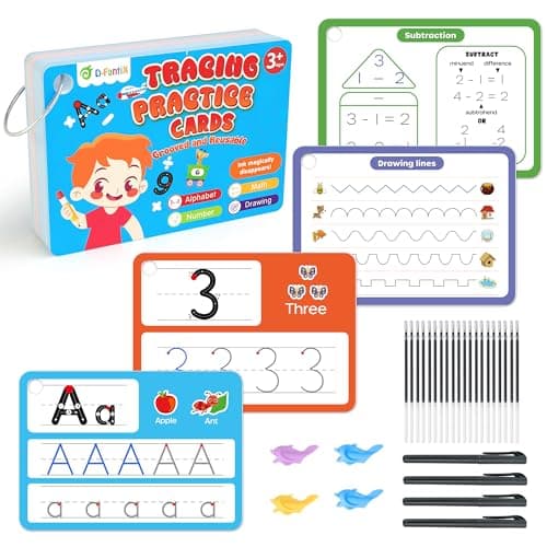 D-FantiX Magic Grooved Writing Practice for Kids Age 3-5, Reusable Grooved Handwriting Practice for Kids 5-7, Number Letter Tracing Practice Cards for Kids Kindergarten Preschool Learning Activities