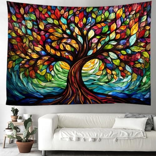 MiniInTheBox Tree of Life Wall Hanging Decor Tapestry with Stained Glass Colorful Wall Art Large Tapestry Mural Decor Photograph Backdrop Blanket Curtain Home Bedroom Living Room Decoration