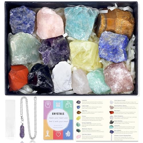 MAIBAOTA 17 Pcs Crystals and Healing Stones 14 Pcs Raw Healing Crystals and Chakra Stones Set Amethyst Rose Quartz Selenite Gemstones Necklace for Meditation Guide for Beginners (with Gift Box)
