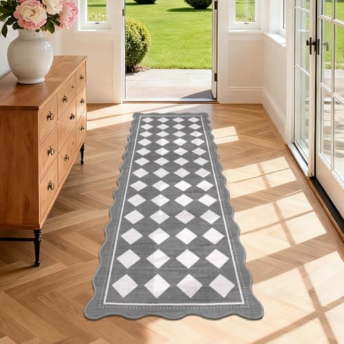 Pauwer Checkered Hallway Runner Rug 2x6, Non Slip Washable Mat, Grey