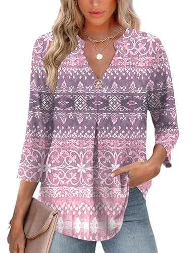 LOMON Womens Tops 3/4 Length Sleeves Fall Loose V-Neck T-Shirts Dressy Casual Bell Sleeve Tunic Blouses (Bohemia Printed,Medium)