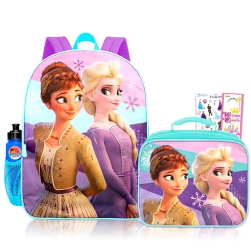 Disney Frozen Anna and Elsa Backpack School Supplies Set for Girls ~ Bundle with 16" Frozen School Bag, Lunch Bag, Plastic Water Bottle, Frozen Stickers, and More.