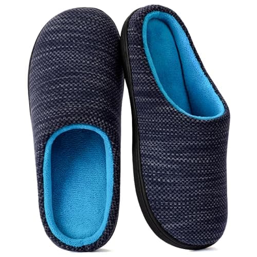 RockDove Womens Birdseye Knit Memory Foam Slippers Two Tone Slip On Open Back Breathable Waffle Upper Non Slip Rubber Sole Gift Idea, Size 7-8 US Women, Denim/Sky Blue