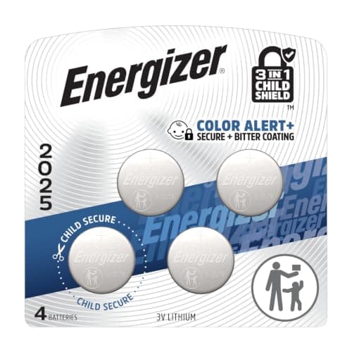 Energizer 2025 Batteries (4 Pack), 3V Lithium Coin Batteries With 3-in-1 Child Shield