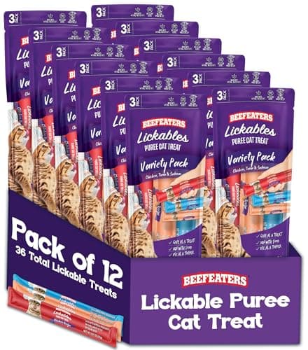 Beefeaters Variety Pack Pure Cat Treats 1.59oz (12 Pack) | Lickable Squeeze Tube Treats, Grain-Free, No Added Sugar, Taurine-Enriched, Ideal for Bonding, Seniors, Toppers & Everyday Treating