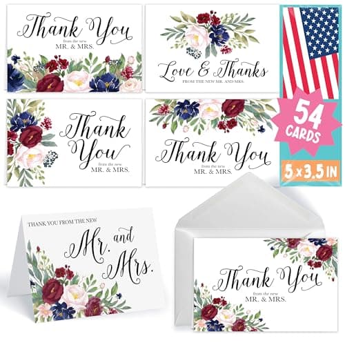 Hadley Designs 54 Wedding Thank You Cards with Envelopes - 3.5x5 Floral Thank You Notes for Newlyweds, Bride & Groom, Bridal Party & Guests, Bridal Shower Gifts, Designed in USA