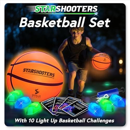 Starlux Games Light Up Basketball Set: Starshooters – Rechargeable, w/10 Game & Training Modes + Marker Lights | Ages 8+ | Glow in The Dark | Sports & Basketball Gifts for Boys 8-12