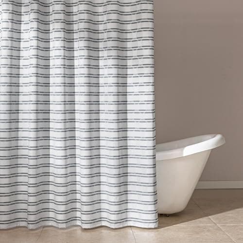 Amazon Basics Geometric Jacquard Fabric Shower Curtain for Bathroom, Lightweight, Waterproof and Washable, 72" W x 86" L, Grey Striped