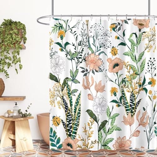 Boho Floral Vintage Tropical Leaves Plant Shower Curtain, White Pink, 72x72