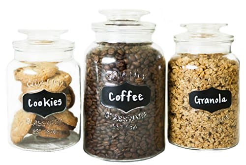Kitchen Round Clear Glass Airtight Lids Chalkboard Canister Jar (Set of 3) with 3 Stick on Labels and Chalk Small