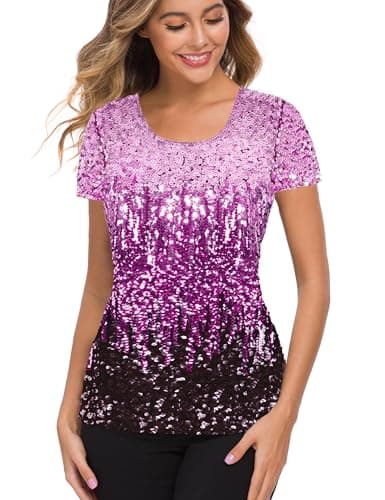 MANER Women’s Full Sequin Tops Glitter Party Shirt Short Sleeve Sparkle Blouses S-4X (Periwinkle/Festival Fuchsia/Dark Purple, 4X-Large)