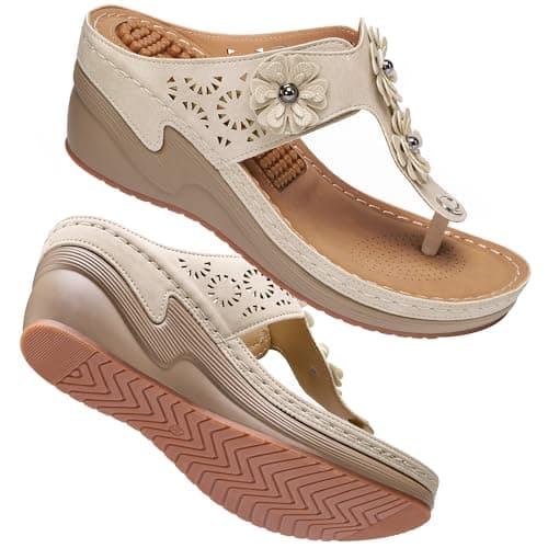 FUDYNMALC Womens Sandals Wedge 2026: Comfortable Platform Flip Flops Summer Dressy Thong Shoes for Wedding Walking Travel Casual, Beige, Size 8