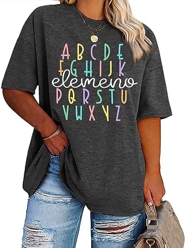Plus Size Teacher Shirt Women Teaching Tshirt ABC Alphabet Graphic Tee Tops Teachers Gift T-Shirt