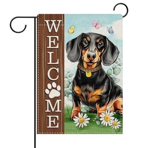 Dyrenson Welcome Dachshund Dog Decorative Garden Flag, Paw Prints Yard Outside Home Decoration Pet Owner Lover Gift, Spring Summer Burlap Outdoor Small Decor Double Sided 12 x 18
