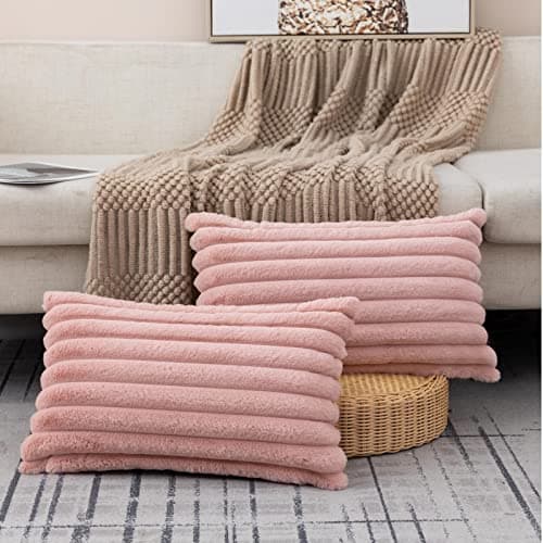 ZLINA Faux Fur Decorative Throw Pillow Covers 12 x 20 Inch,Baby Pink