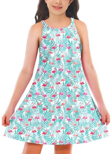 Hawaiian Sundress for Girl Summer Tropical Dresses Flamingo Picnic Swing Dresses Green 9-10 Years