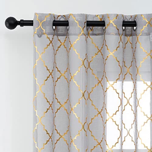Kotile Long Grey Sheer Curtains with Gold Moroccan 52 x 108 Inch, 2 Panels