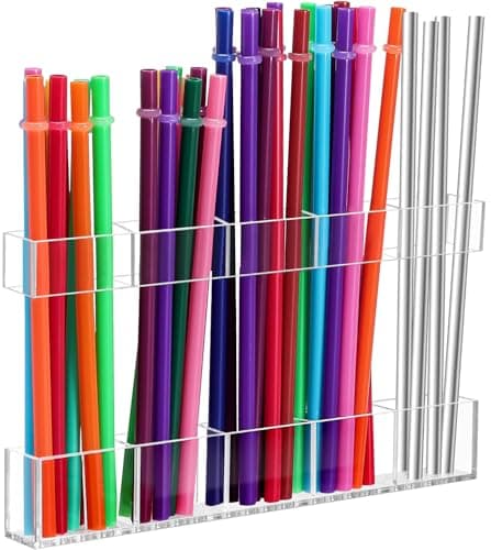 9.5" Large Acrylic Straw Holder for Cabinet Door, Space-Saving Straw Storage Dispenser with Ultra Sticky Adhesive, Adjustable Two-Part Straws Organizer for Kitchen Cupboard (Transparent)