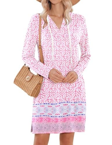 HOTOUCH Women's Sun Protection Beach Dresses Print Long Sleeve Cover Up Dress Casual Pockets T-Shirt Dress