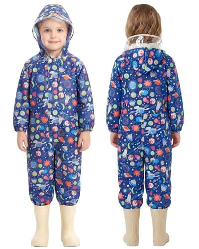 JiAmy Kids Rain Suit Toddler One Piece Rainsuit with Hood,Full Body Waterproof Coveralls for Boys Girls,Lightweight Packable Rainwear for Rainy Days,Mud & Outdoor Play Navy Blue 1-3 Years
