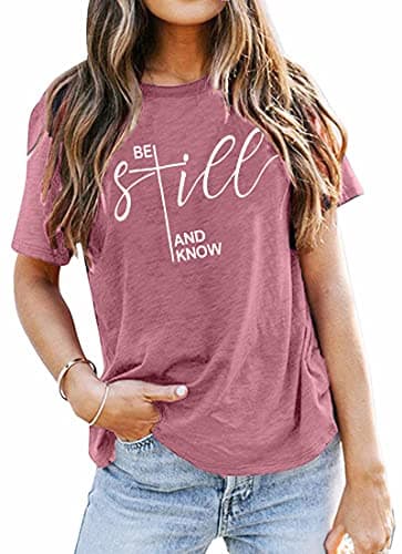 ASTANFY Christian Shirt Women Be Still and Know T-Shirt Inspirational Easter Jesus Short Sleeve Casual Tee Tops Pink