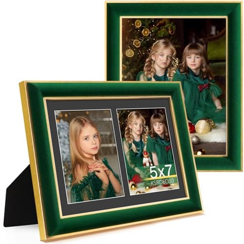KSROECUD 8.5x11 Velvet Picture Frame with 2 Openings 5x7 Pictures, HD Real Glass Green Velvet Photo Frame with Black White Border Mat, Gold Border Horizontal & Vertical Display for Tabletop or Wall Decor (2 Pack)