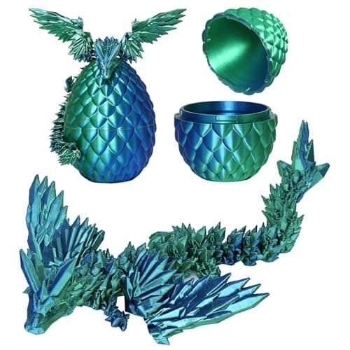 YUNKUAMYE 3D Printed Dragon with Wings and Eggs: Flexible Crystal Dragon Toy for Desk Decor, Sensory Fidget Toy for Kids & Adults, Unique Easter Basket Stuffers& Birthday Gift(Blue Green)