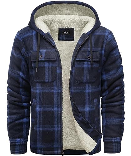 SCODI Men's Flannel Shirt Jacket Fleece Sherpa Lined Plaid Zip Up Hoodies