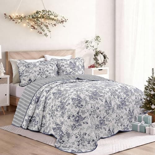 Wonderful 100% Cotton Blue Floral Bedspread Set Twin Size, Quilt Bedding Sets with Pillow Sham, 2 Pieces Floral Coverlet, Quilted Blanket Bed Cover for All Season, 80"x110"