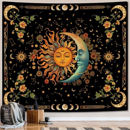 ARTCREATOR Sun and Moon Tapestry Astrology Space Wall Hanging Boho Hippie Floral Plant Tapestries Aesthetic Vintage Mandala Flower Decor for Living Room Bedroom (51" x 59")