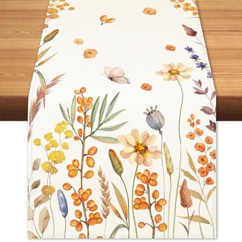 Cloudfomila Fall Floral Berry Table Runner Wildflower Burlap Table Runners, Autumn Harvest Thanksgiving Seasonal Coffee Table Center Decor for Home Kitchen Dining Party Indoor Outdoor 13x72 Inch