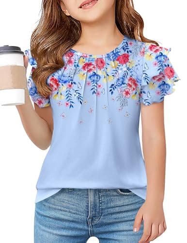 Arshiner Girls Short Sleeve Summer Pleated Crewneck Tops Spring Summer Tops Loose Fit Tunic T-Shirts Floral Blue 10-11 Years