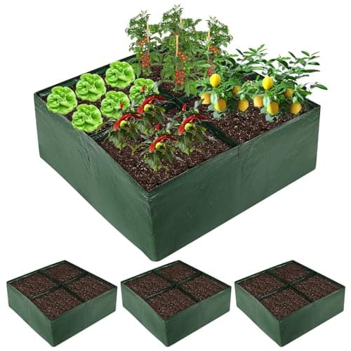 BIJOKETTEN 3 Pack Plastic Raised Garden Bed, 4 Grids Square Grow Bags PE Vegetable Planter Bags for Vegetables Durable Planter Box with Drainage Hole Rectangle Container Gardening for Herbs, Flowers